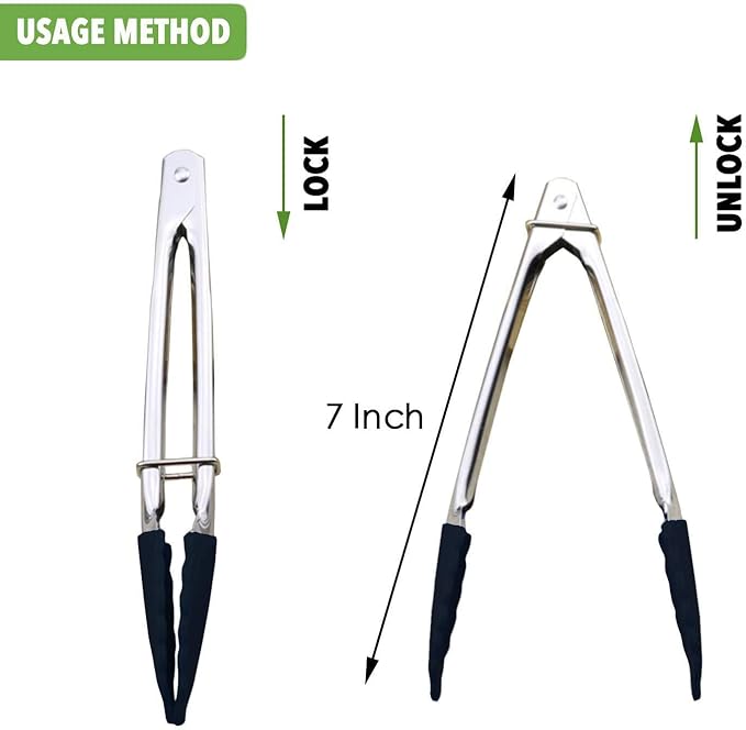 Mini Tongs with Silicone Tips 7-Inch Kitchen Tongs, Set of 3 (Black)