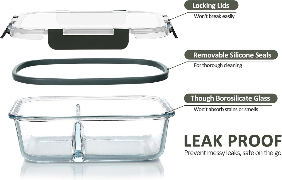 [5-Pack,36 Oz]Glass Meal Prep Containers 2 Compartments Portion Control with Upgraded Snap Locking Lids Glass Food Storage Containers, Microwave, Oven, Freezer and Dishwasher (4.5 Cups)