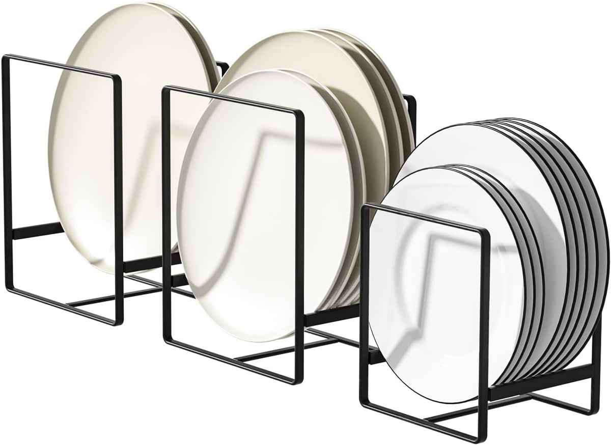 Metal Drying Rack, 3 Pack Inside Cabinet Plate Holders Organizers, Upright Dish Racks for Countertop and Cupboard, Large Capacity, Black (20x16x11.5 cm Each)