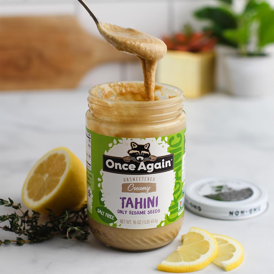 Once Again Organic Sesame Tahini, 16oz - Salt Free, Unsweetened - USDA Organic, Gluten Free, Vegan, Kosher, Peanut Free - Glass Jar - Case of 12