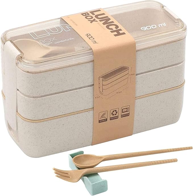 Rarapop Beige Stackable Bento Lunch Box Kit, 3-In-1 Compartment Wheat Straw Lunch Containers with Tableware, Reusable On-the-Go Meal and Snack Containers
