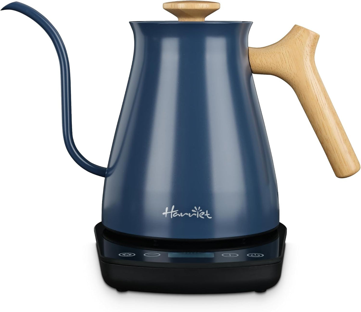 Harriet Gooseneck Electric Kettle - 1200W Fast Heat, 0.8L Stainless Steel, Precision Temp Control & Timer, Wood Handle, Pour Over Coffee and Tea, Blue