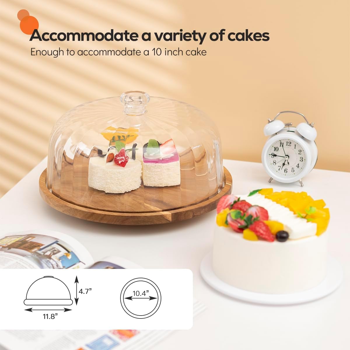 cutesun acacia wood cake stand with lid, 11.8'' Rotating Cake Stand with Dome, Shaterproof 10.4'' Acrylic Cake Display Cover, Cake Holder Tray for Wedding Gift，Kitchen,Birthday,Parties,Baking Gifts