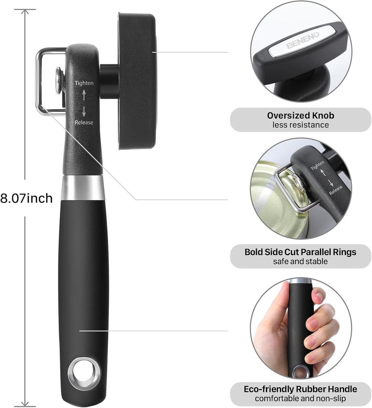 Beneno Can Opener, Manual Side Safe Cut Can Opener Smooth Edge with Durable Sharp Blade, Effort-Saving Knob & Comfortable Non-slip Handle, Black