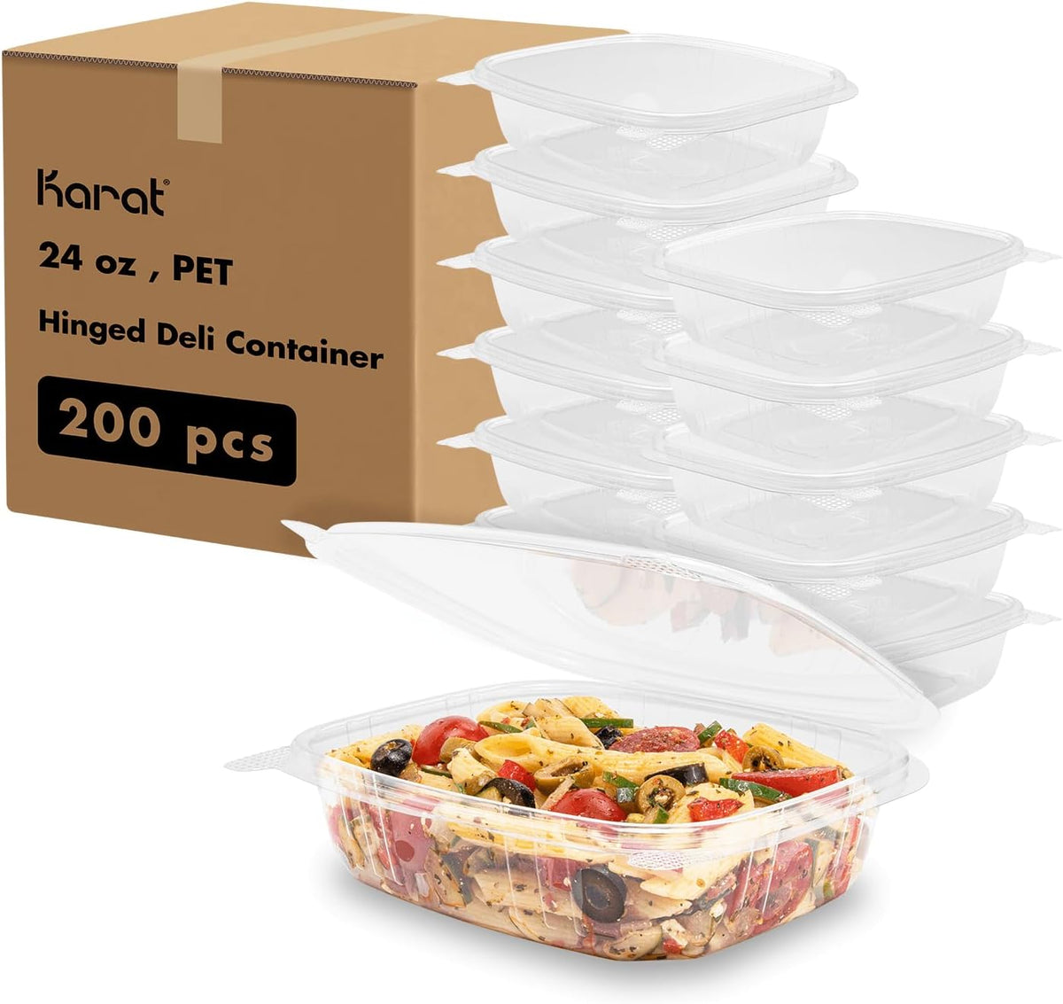 Karat 24oz - 200 ct PET Clamshell Square Deli Containers - For Pasta Salads, Fruit, Deli Sides, and Home Meal Prep - Clear Plastic Food Containers I 7.26"x6.2"x2.05"
