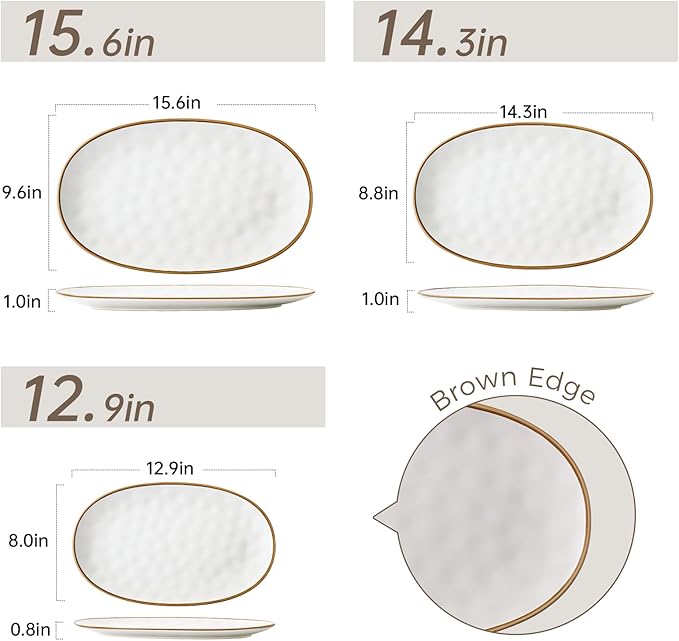 Ceramic Oval Serving Platter with Brown Rim: 15.6/14.3/12.9 Inch Large Serving Dishes for Entertaining Party, Turkey, Steak, Ham, Microwave Dishwasher Safe