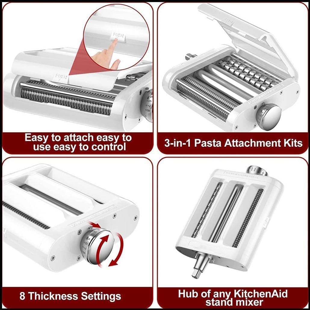 Pasta Maker Accessories Mixers 3 in 1 Set for KitchenAid Stand Mixer Attachments Include Pasta Roller, Spaghetti,Fettuccine Cutter, 8 Adjustable Thickness Settings，Pasta Maker Attachment
