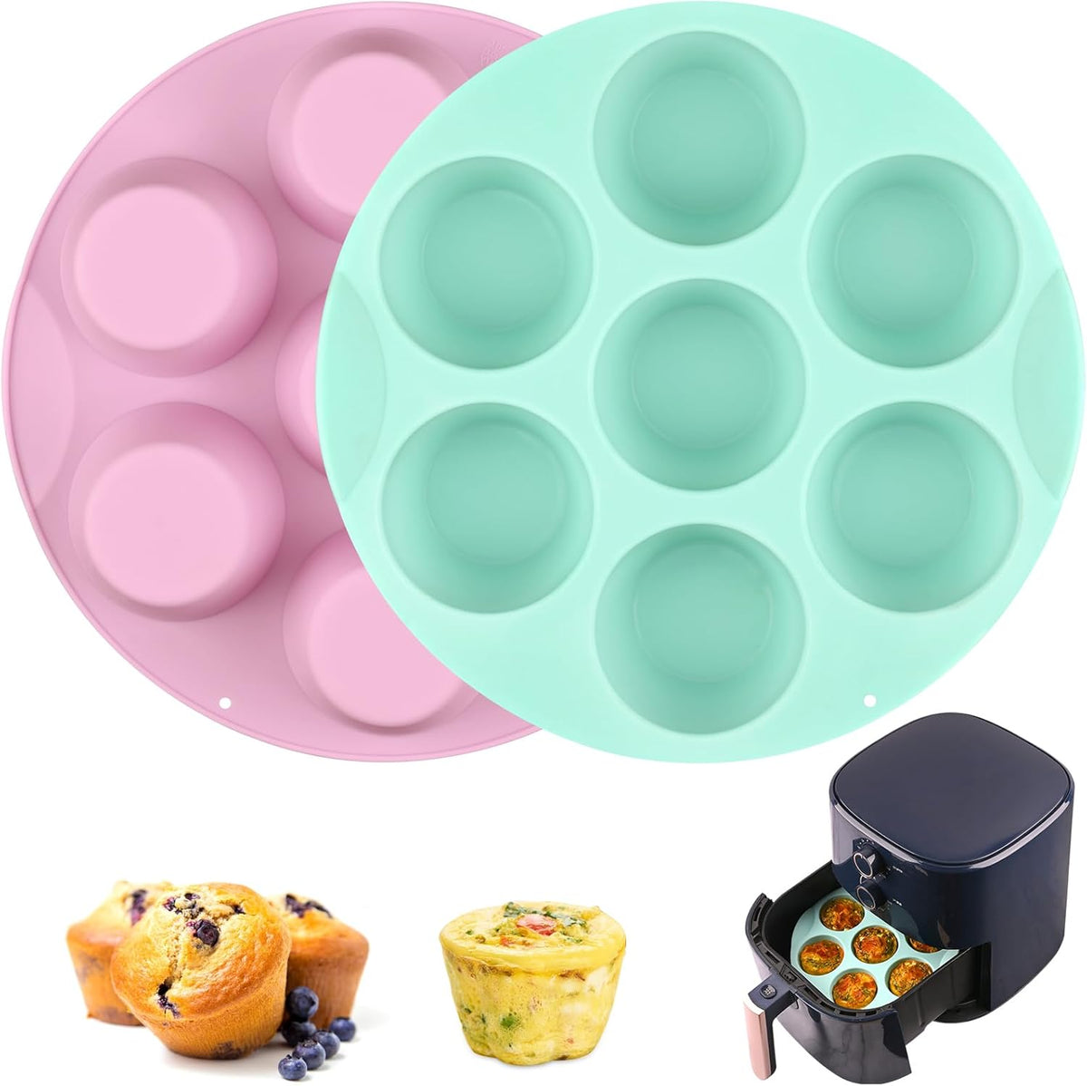 Sakolla 2 Pack Silicone Egg Bite Molds for Air Fryer, Nonstick 7 Cups Air Fryer Muffin Pan for Baking Egg Bite, Mini Muffins, Tart, Mini Cupcake and Quiche (Pink + Green)