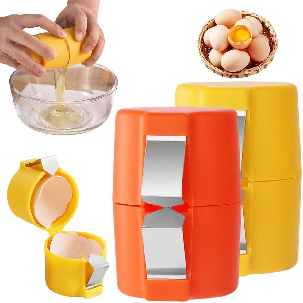 2Pcs Egg Shell Opener, 2025 New Egg Cracker Tool for Raw Eggs, Hard Boiled Egg Peeler Egg Cube Egg Separator Handheld, Stainless Steel Eggshell Breaker Egg Shell Cutter Kitchen Gadgets（Orange+Yellow）
