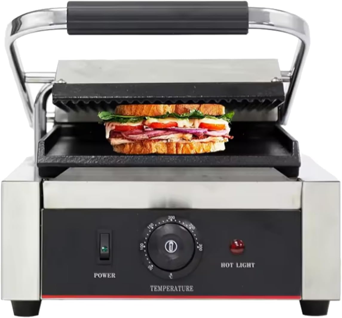Commercial Panini Press With Grooved Grill Sandwich Maker Machine Electric Contact Grill Single (Single Grooved Top&Smooth Bottom)