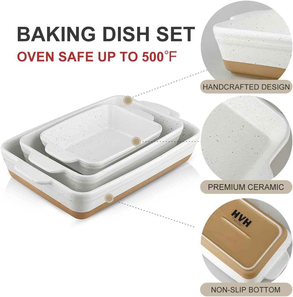 HVH Baking Dish Set, 9x13 Baking Dish, Large Casserole Dish Set, Ceramic Lasagne Pan Deep, Baking Dishes for Casseroles 13 x 9, Ceramic Bakeware Set of 3, Farmhouse Style (White)