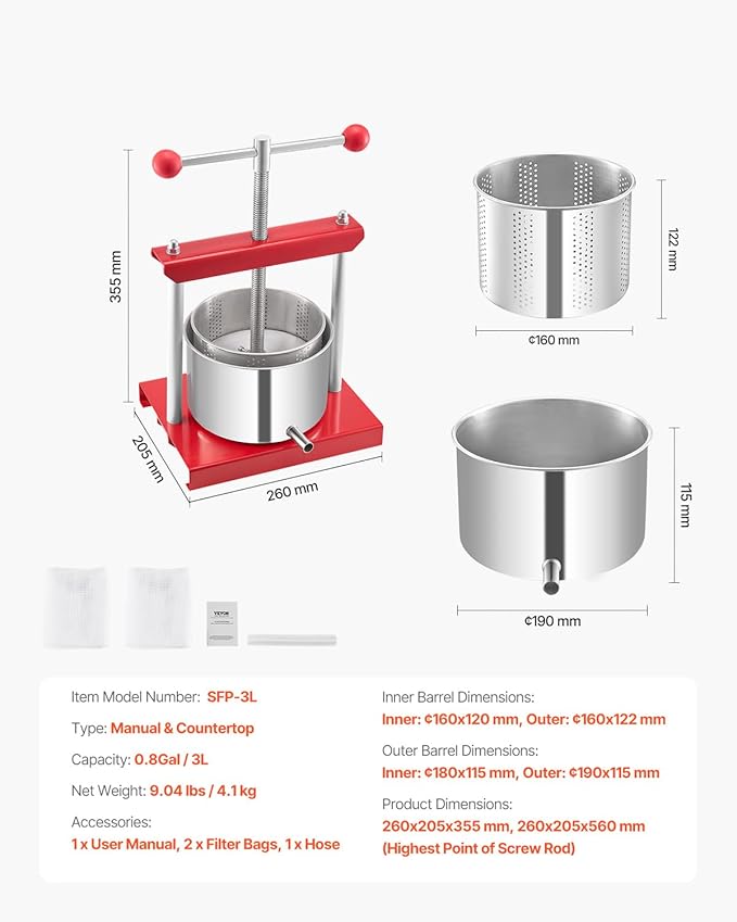 VEVOR 0.8 Gal/3L Fruit Wine Press, 2 Stainless Steel Barrels, Manual Juice Maker, Cider Apple Grape Tincture Honey Olive Oil Making Press with T-Handle for Outdoor Kitchen Home