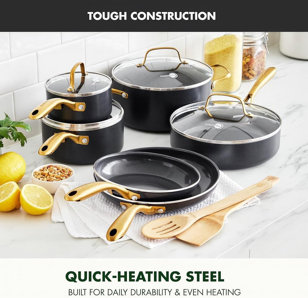 GreenPan 12 Piece Nonstick Swift Cookware Set, Ceramic PFAS-Free Pots & Pans with Lids, Dishwasher & Oven/Broiler Safe to 600F, Kitchen Cooking Set, Sauce, Saute, Stock, Frying Pans, Black/Gold