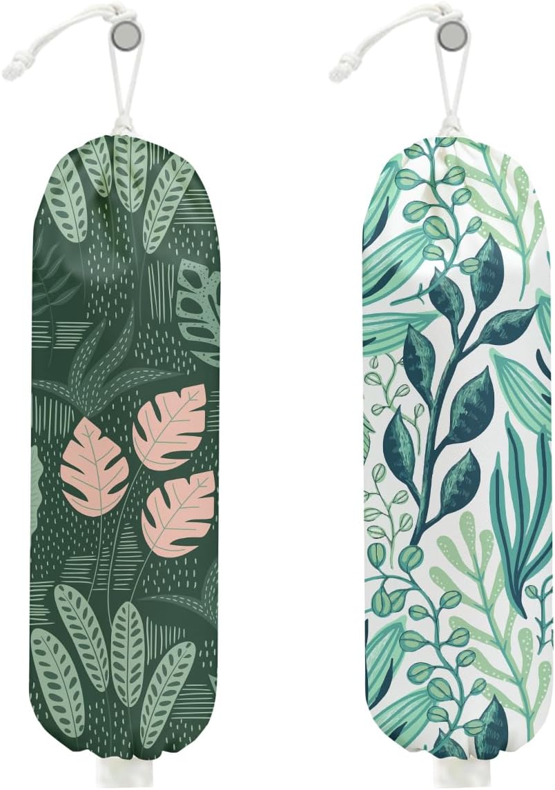 2Pcs Tropical Green Leaves Plastic Bag Holder 22.5x9 Inch, Wall Mount Grocery Bag Holder for Plastic Bags, Nature Greenery Reusable Grocery Bags Storage Dispenser for Home Kitchen Decor