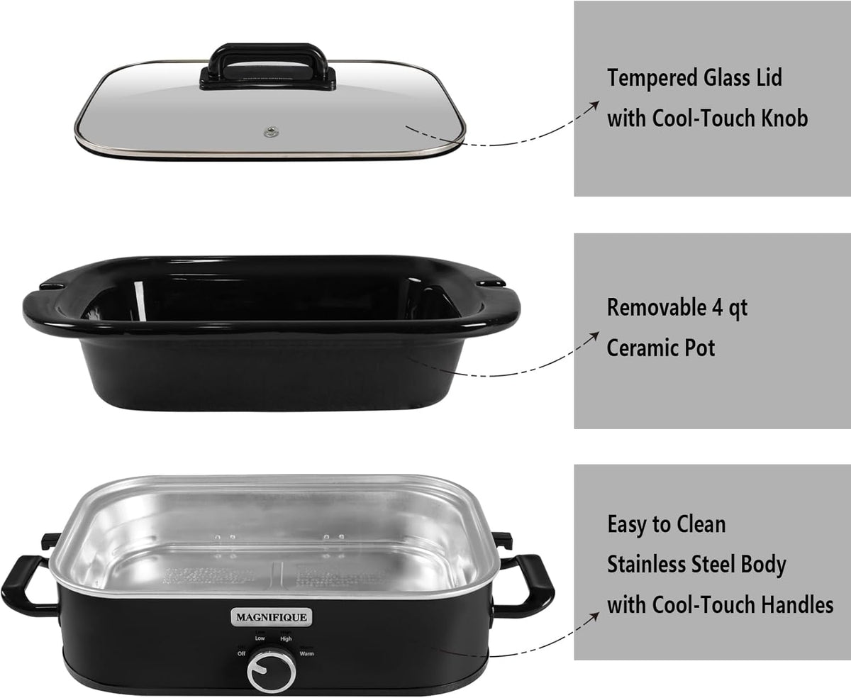 4-Quart Slow Cooker with Casserole Manual Warm Setting - Perfect Kitchen Small Appliance for Family Dinners, Dishwasher Safe Crock, Black