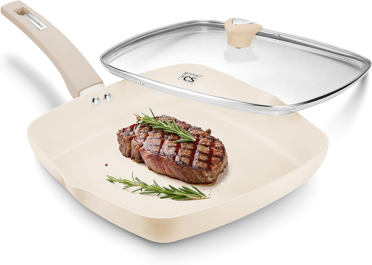 KOCH SYSTEME CS Nonstick Grill Pan for Stove Tops, 11 Inch Square Frying Pan with Lid, Ultimate Ceramic Coating Grill Skillet with Bakelite Handle, Induction Griddle Pan, PFOA Free, Cream White