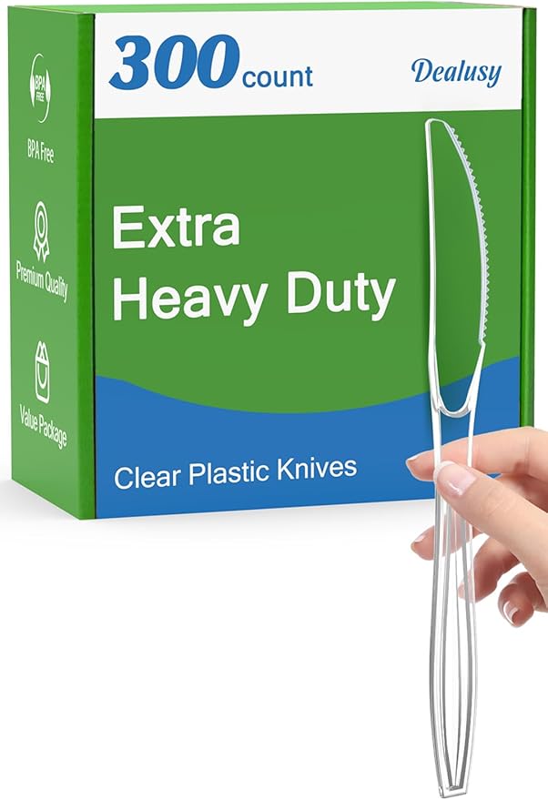 300 Count Extra Heavy Duty Clear Plastic Knives Disposable, BPA-Free, Heat Resistant, Solid and Durable Disposable Knives Bulk, Premium Plastic Knives heavy duty for Party Supply