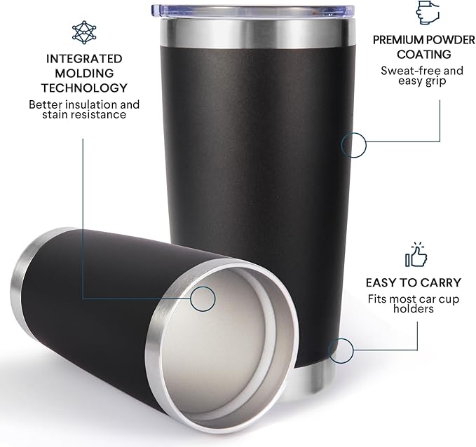 Volhoply 20oz Stainless Steel Tumbler with Lid and Straw Bulk 8 Pack,Double Wall Insulated Travel Iced Coffee Mug Fits Cup holder,Powder Coated Cups for Hot/Cold Drinks,Gifts for Women（Black,8 Set）
