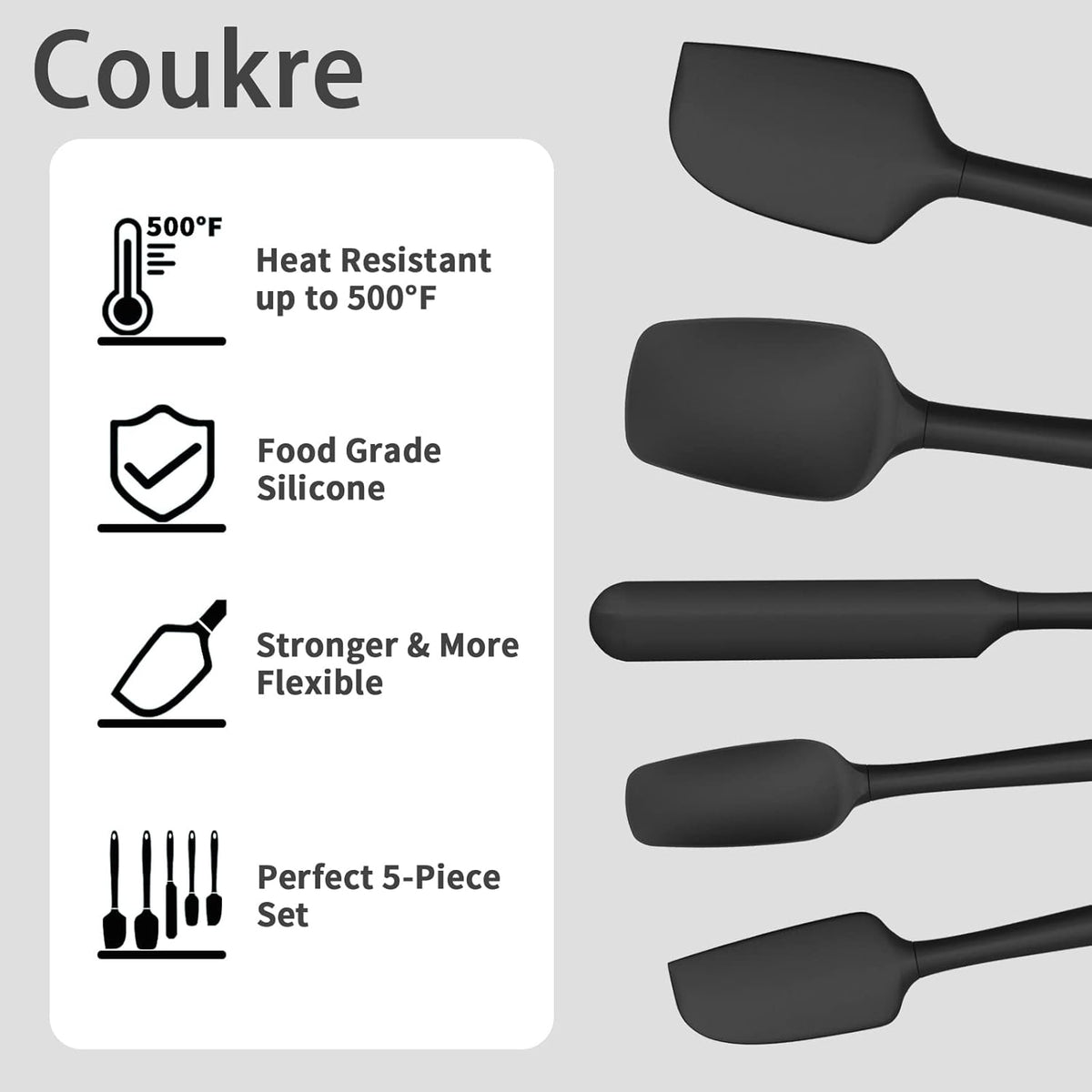 Coukre Silicone Spatula Set of 5,High Temperature Resistant, Food Grade Silicone, Dishwasher Safe, for Baking, Cooking (Pure Black)