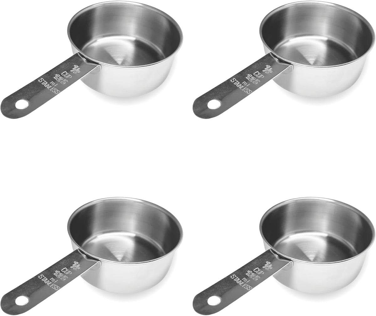 1/2 Cup Stainless Steel Measuring Cup | Sturdy Metal 125 ml | 125 cc | 4 oz | Single Cup for Wet and Dry Ingredients | Great for use as 1/2 Cup Dog Food Scoop - 4 PK