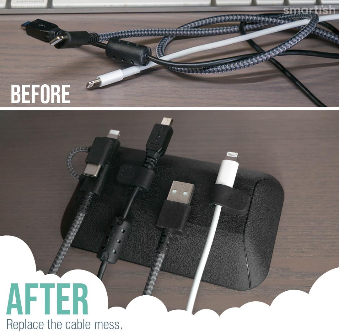 Smartish® Magnetic Cord Holder - Bigger Cable Wrangler Organizer with Magnet Clips for Charger Management on Desktop, Nightstand, or Side Table - Holds 6+ Cables - Black Tie Affair