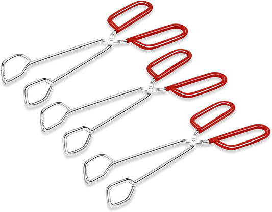 10-Inch Heavy Duty Stainless Steel Kitchen Tongs - Non-Slip Comfortable Red Grip, Scissor Design, Heat Resistant for BBQ and Cooking, Set of 3