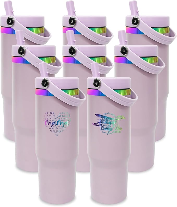 30 oz Tumbler Bulk with Handle and Straw, Vacuum Insulated Tumblers with Flip Straw and Top Handle, Leakproof Powder Coated Tumbler, Stainless Steel Travel Mug for Coffee (Purple, 8 Pack)