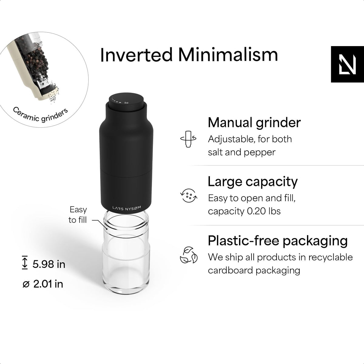 LARS NYSØM Salt and Pepper Grinder Set, Stainless Steel Manual Salt and Pepper Mills, Adjustable Ceramic Grinder, Design Spice Shakers (Black/Beige)