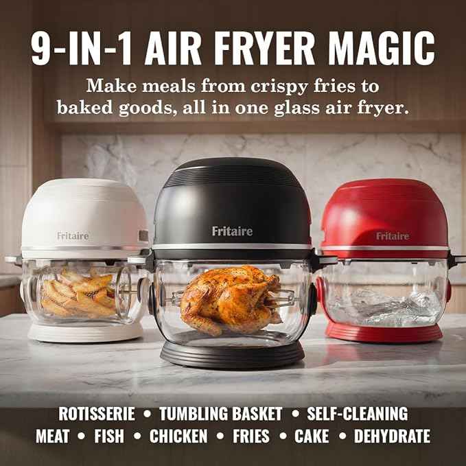 Non Toxic Air Fryer™ Pro | 9-in-1 Glass Air Fryer | Self-Cleaning | 5 Quart | Rotisserie and Tumbler | 400F Vortex For Even Cooking, BPA-Free Teflon Free, Recrisp, Roast, Bake, White