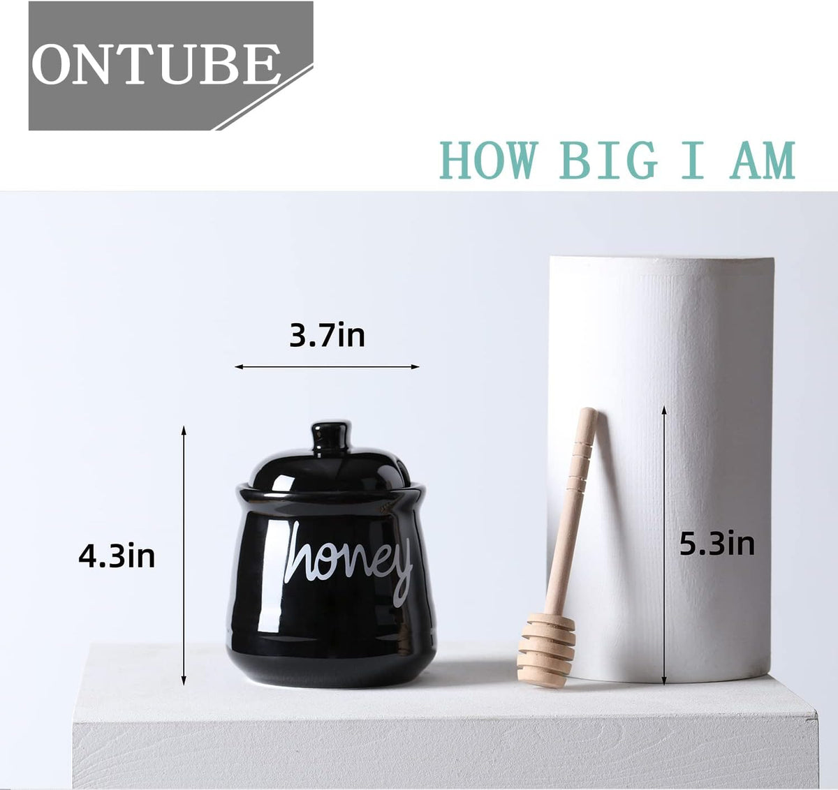 Honey Jar with Dipper and Lid, Ceramic Honey Pot 12oz, Black