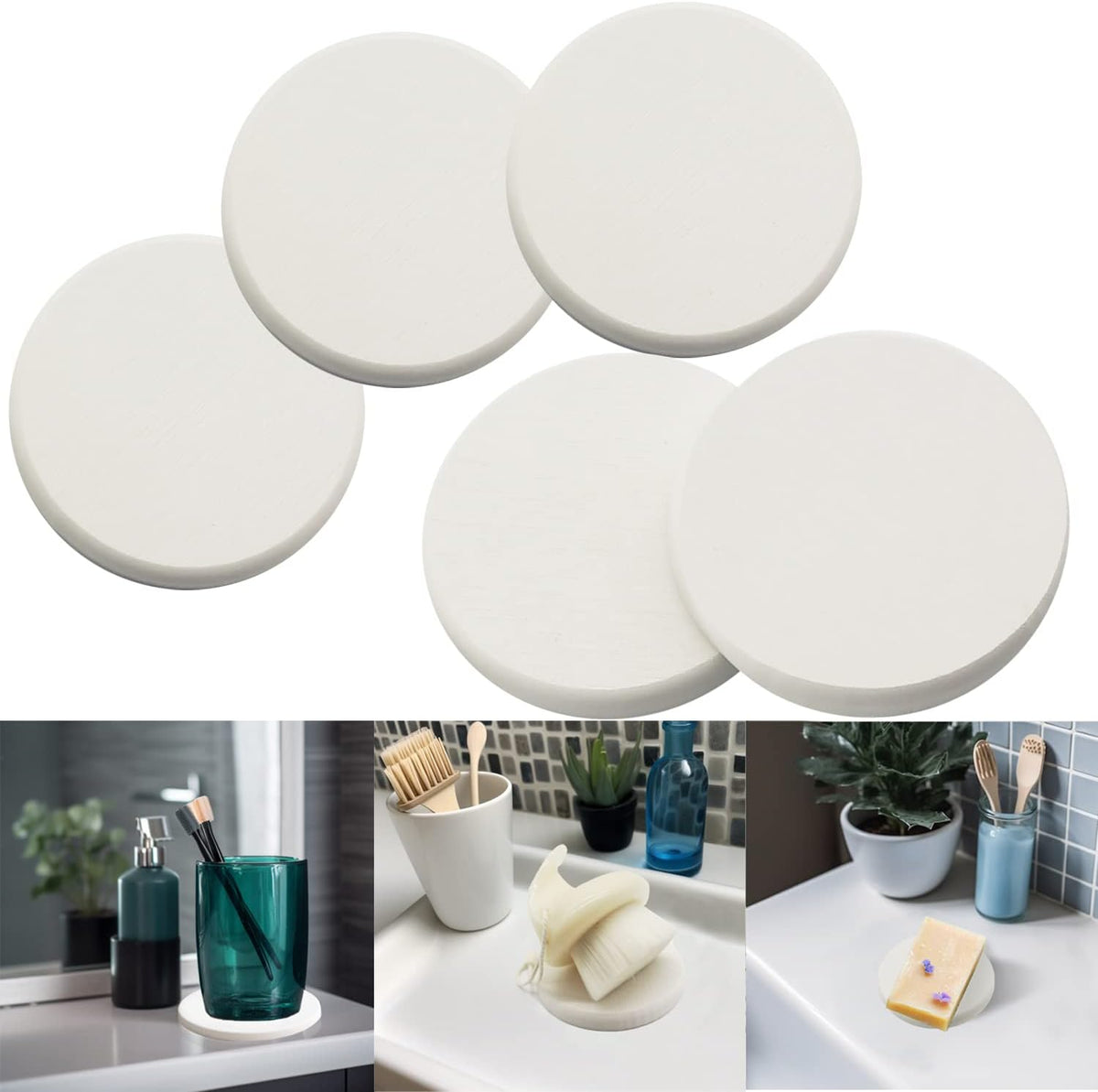 Mucco Water Absorbing Stone Tray for Sink, Water Absorbent Diatomite Coasters, Premium Diatomaceous Earth Soap Holder Dish，Fast Drying Stone Sink Tray for Hand soap & Cups & Drinks Bottles (5 White)