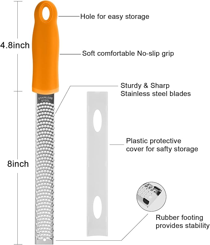 Lemon Zester, Stainless Steel Kitchen Cheese Grater, Plastic Cover Ergonomic Soft Orange Handle