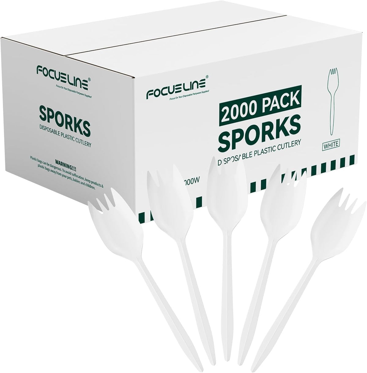 FOCUSLINE 2000 Pack White Disposable Sporks, Heat Resistant Plastic Sporks Bulk, Plastic Silverware for Take out Restaurants, Parties, Picnics, Travel & Any Events
