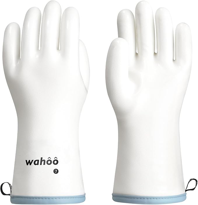 wahoo Professional Liquid Silicone Oven Mitts Gloves, Heat Resistant Gloves for Cooking, Baking, CoralAir Liner, 12 Inch, White, Medium