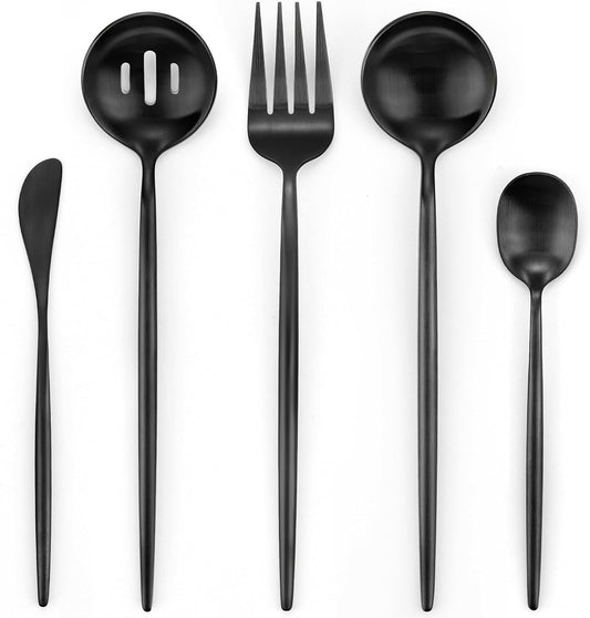 Matte Black Serving Set，Oliviola 5-Piece Stainless Steel Large Hostess Set with Round Edge, Satin Finished, Dishwasher Safe -Large Spoon, Large Fork,Butter Knife，Sugar Spoon & Slotted Spoon