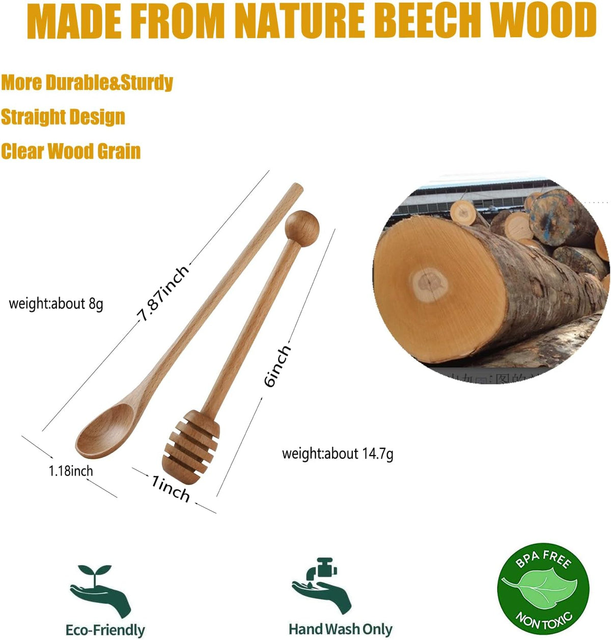 2pcs 6inch Honey Dipper Stick,2pcs 7.87inch Long Handle Coffee Stirring Spoons,Beech Wooden Honey Jar Spoons Stirrer,Dessert Iced Tea Cocktail Mixing Spoons for Home Kitchen,Wedding Party Favors