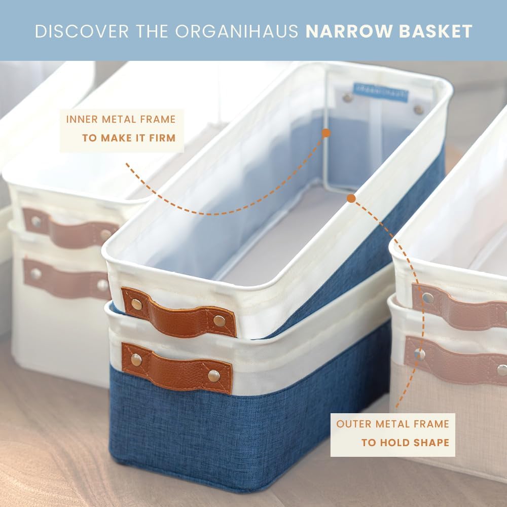 OrganiHaus Narrow Storage Bins 15x06in, Small Closet Bins for Shelves, Bathroom Storage Baskets for Shelves, Narrow Baskets, Fabric Organizer with Handles, Toilet Paper Organizer - 2 Pack, Navy Blue