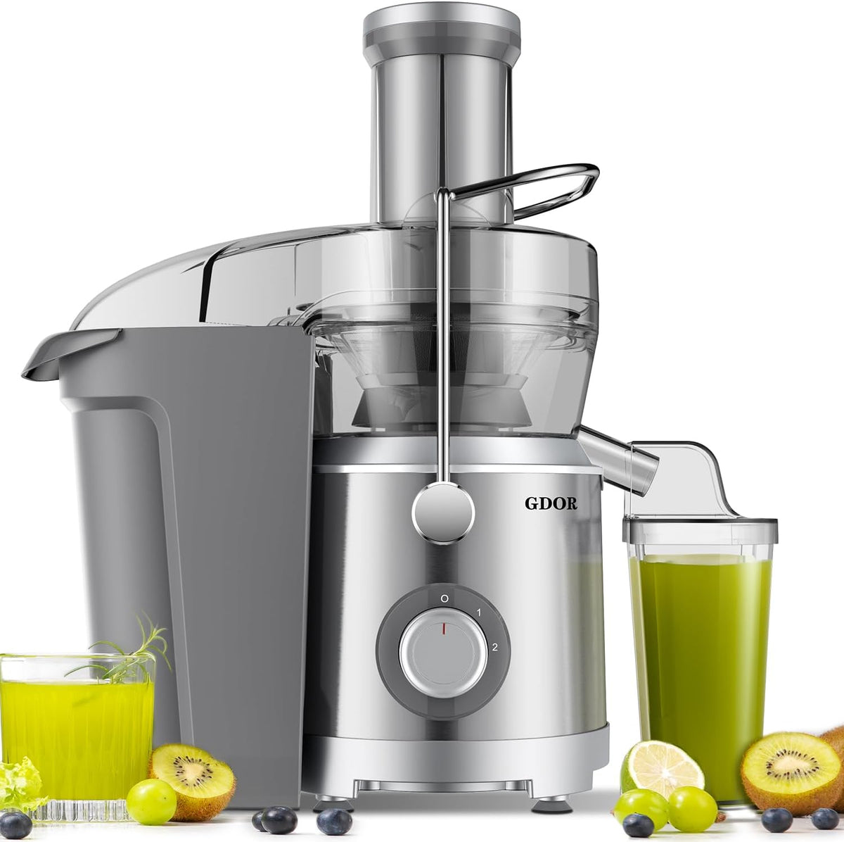 GDOR 1300W 【Extra Large】 Juicer Machines with Larger 3.2” Feed Chute, Titanium Enhanced Cut Disc Centrifugal Juice Extractor, Full Copper Motor Heavy Duty for Whole Fruit and Vegetable, Silver, XL