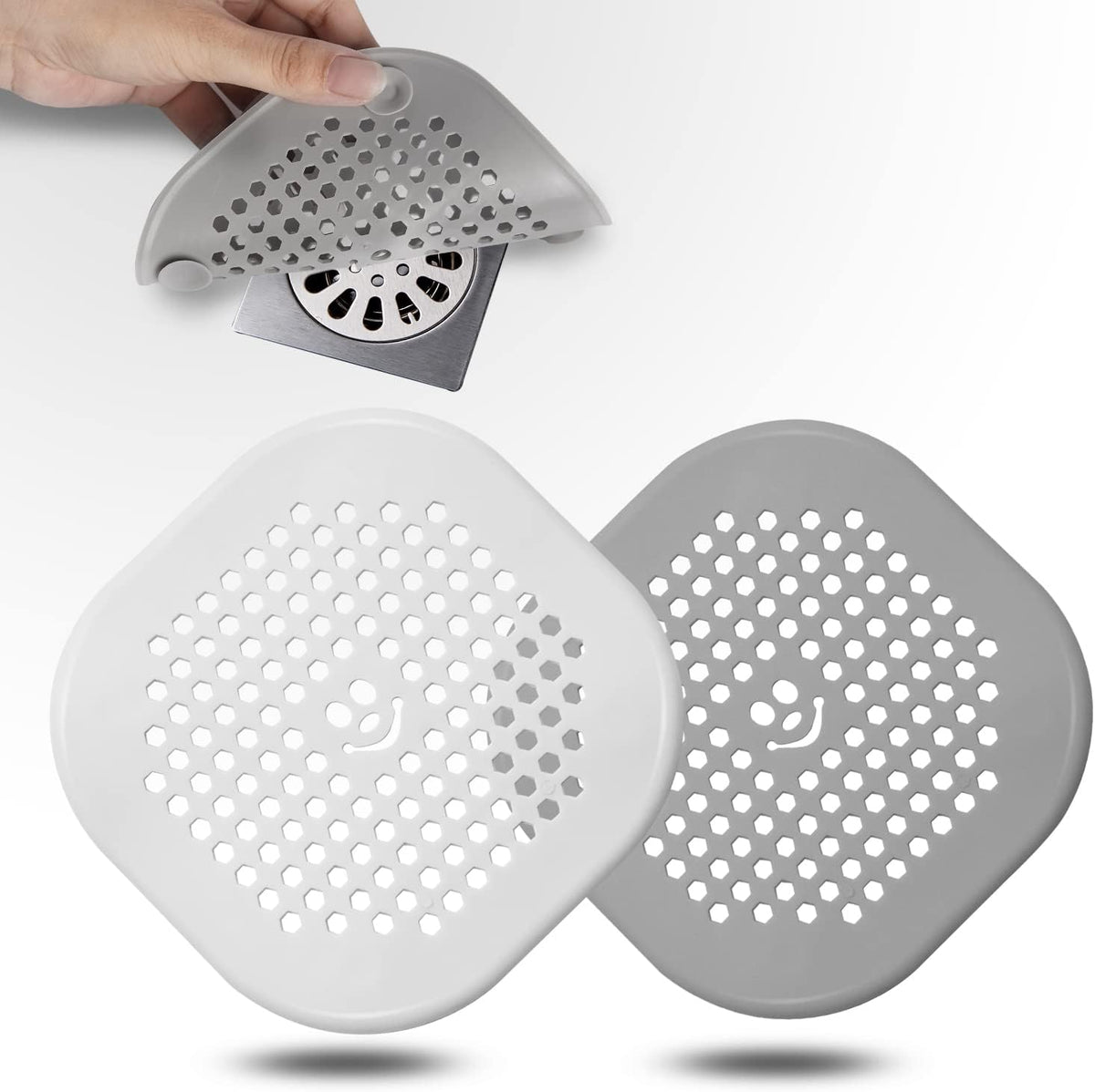 2 Pack Drain Hair Catcher Silicone Drain Protector Hair Stopper with Suction Cup for Shower Kitchen Bathroom White Grey