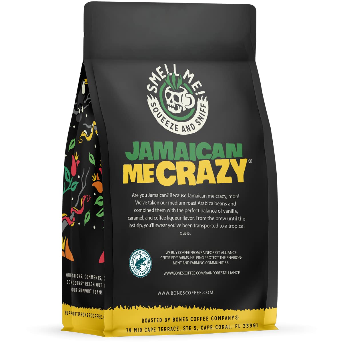 Bones Coffee Company Jamaican Me Crazy, Vanilla Caramel Flavored Coffee, Medium Roast Low Acid Arabica Beans Compatible with Auto drip and French Press Coffee Maker, 12 Oz Whole Bean