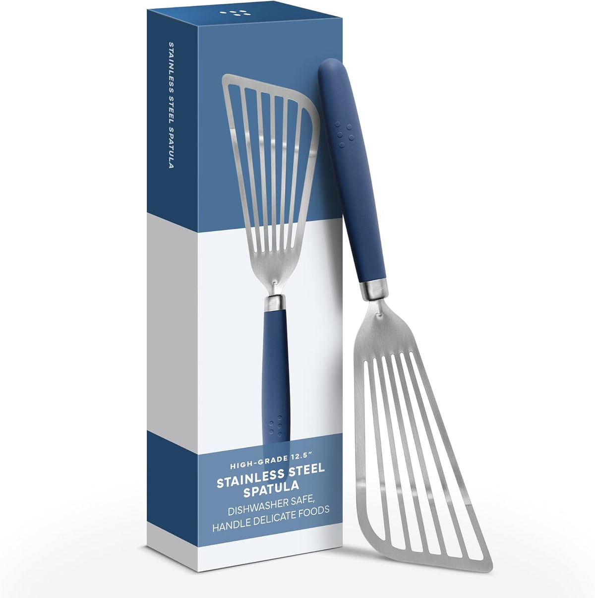 Misen Fish Stainless Steel Spatula - Slotted Turner for Cooking - Perfect for Frying - Heat Resistant - Dishwasher Safe -1mm Thick Flexible Flipper - Soft Silicone Grip Handle for Easy Use
