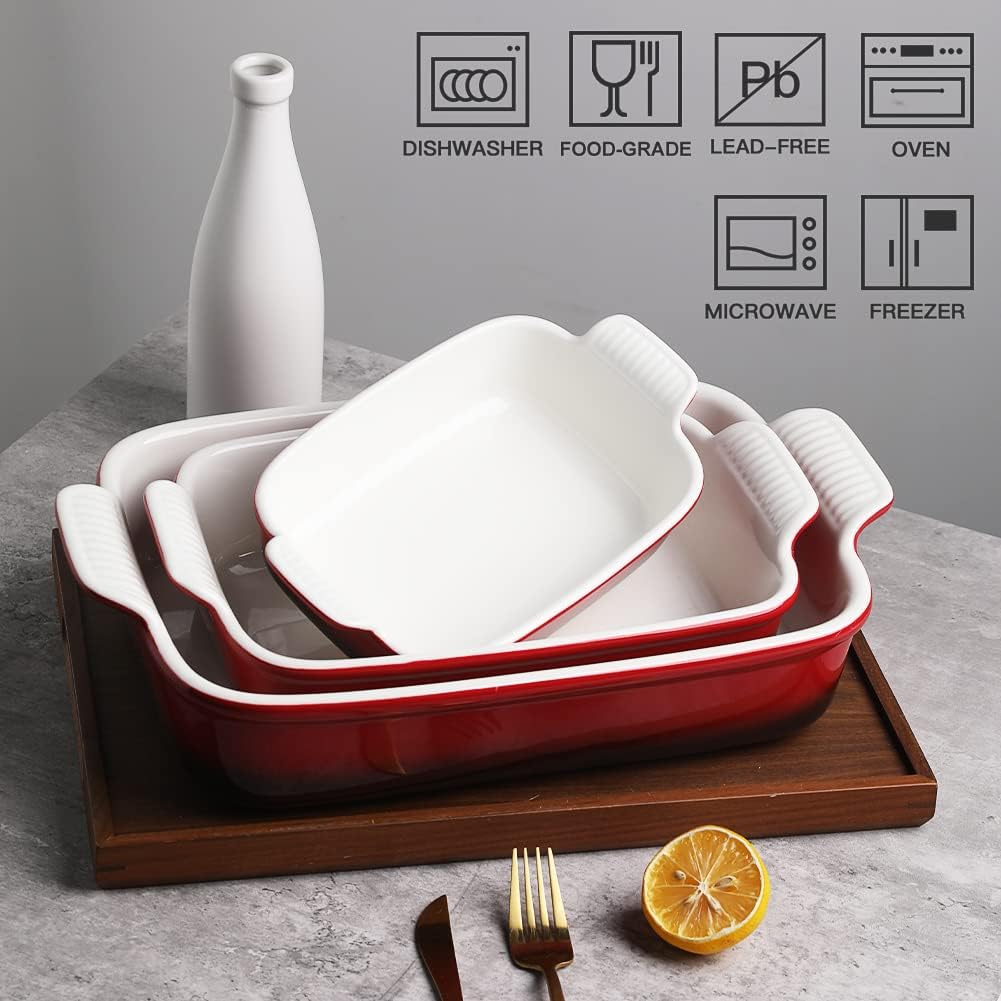 Sweejar Baking Pans Set, Ceramic 9x13 Baking Dish with Handle, Rectangular Casserole Dishes for Oven, Bakeware Sets of 3, Durable Lasagna Pan Deep for Kitchen, Banquet, Wedding Gift(Gradient Red)