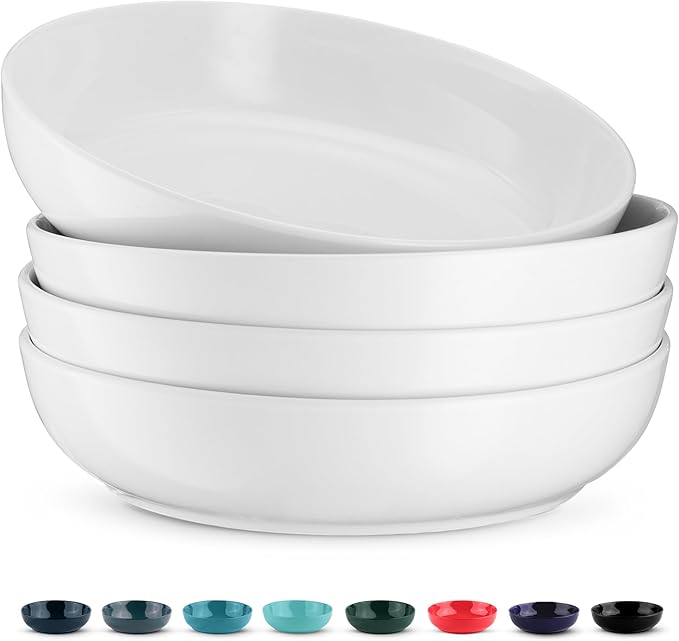 KooK Pasta Bowl, Salad Bowls, Bowls, Serving Bowls, Soup, Ceramic, Large Capacity, Microwave & Dishwasher Safe, Set of 4, 40 Oz, (White)
