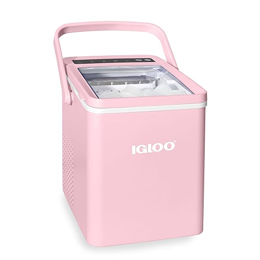 Igloo Portable Ice Maker with Handle & Scoop- Countertop Ice Maker with LED Control Panel & 1.5 Qt Water Tank- Ice Maker Produces 26 Lb Of Ice In 24 Hours With 9 Large or Small Cubes In 7 Minute -Pink