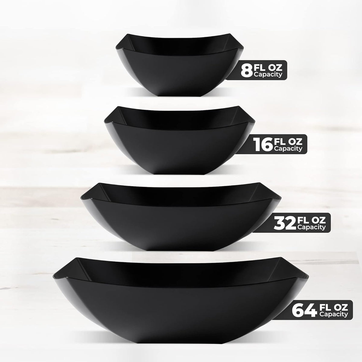 Posh Setting - Black Plastic Serving Bowls for Party (8oz - 4 Pack) Square Bowls, Disposable Chip Bowls, Candy Bowls for Party Table, Salad & Fruit Bowls for Party, Candy Containers for Candy Buffet