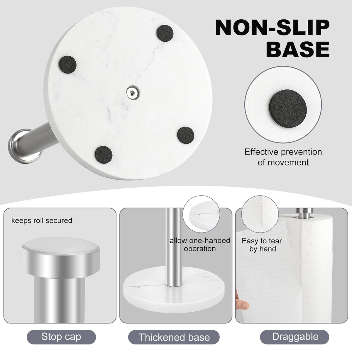 Standing Paper Towel Holder, Kitchen Paper Towel Roll Holder- for Bathroom Kitchen Countertop with Weighted Marble Base for One-Handed Operation (Silver), Silver Paper Towel Holder