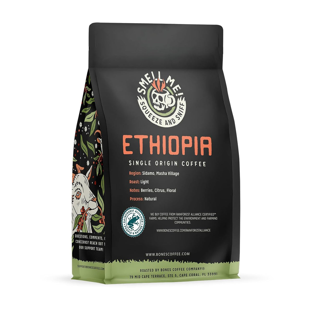 Bones Coffee Company Ethiopia Single-Origin, Citrus, Floral and Berries Notes, Ground Coffee Beans, Low Acid Light Roast Arabica Beans Flavored Coffee, 12 oz Ground