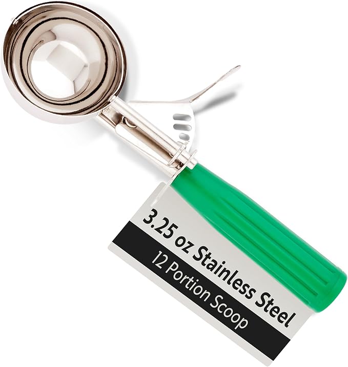 Restaurantware Met Lux 3.25 Ounce Portion Scoop 1 Trigger Release Cookie Scoop - With Green Handle Stainless Steel Disher For Portion Control Scoop Cookie Dough Cupcake Batter Or Ice Cream