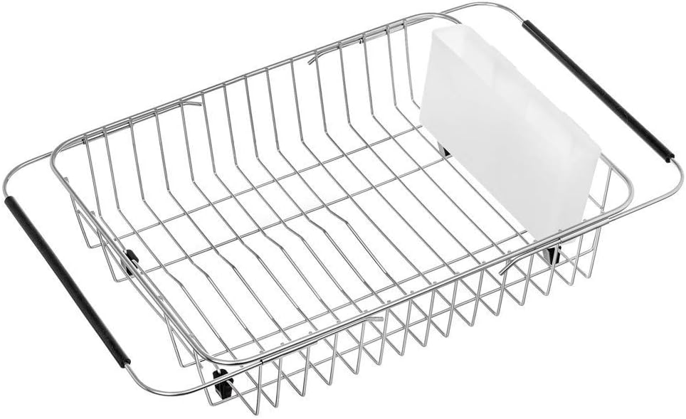 SANNO Dish Drying Rack, Expandable Dish Drainer Over Sink in Sink On Counter with Utensil Silverware Storage Holder, Rustproof Stainless Steel