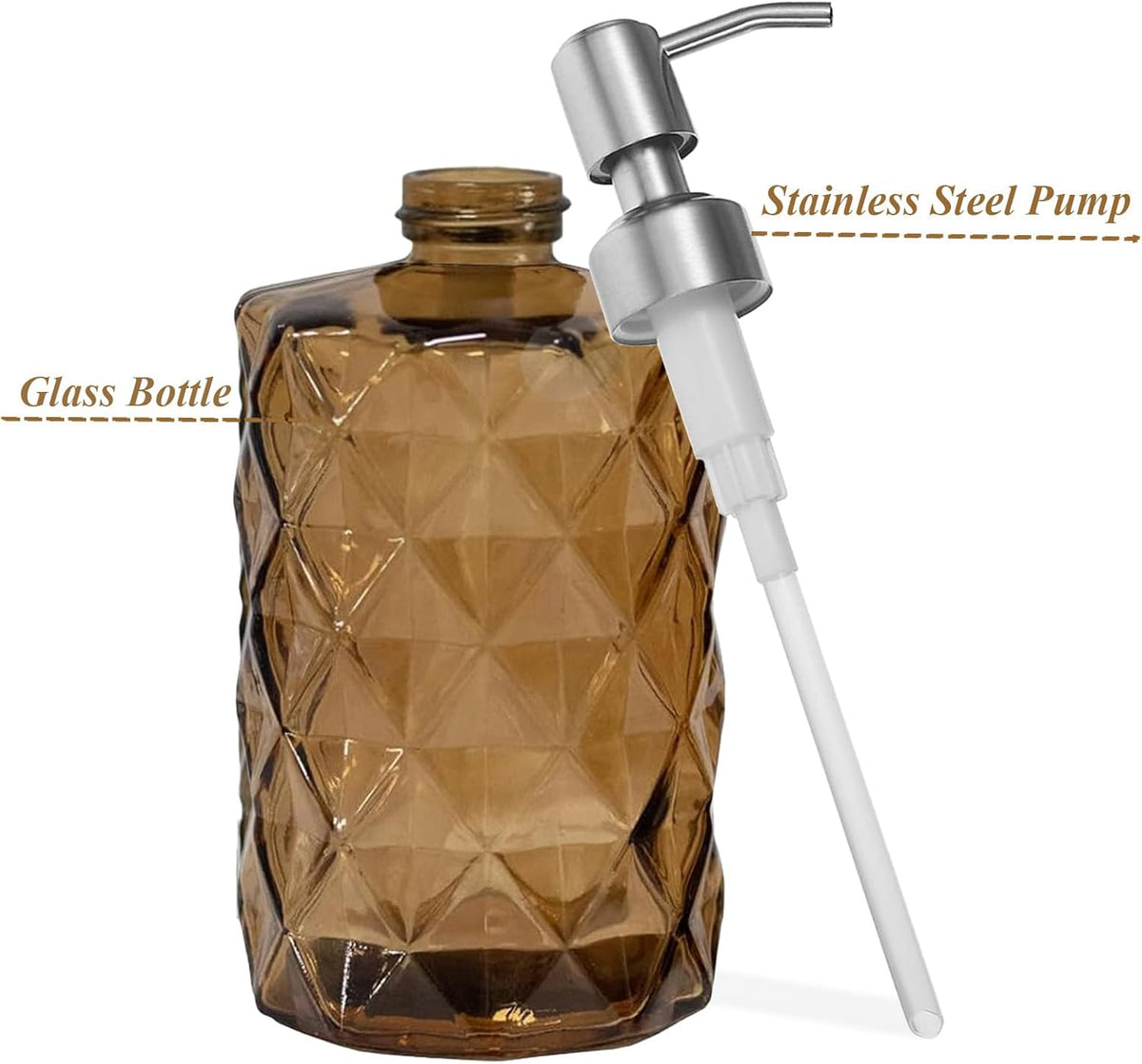 12Oz Brown Glass Soap Dispenser with Stainless Steel Pump, Refillable Kitchen Liquid Hand Soap Dispenser with Diamond Design, for Dispense Hand soap, Dish Soap, Lotion, Bathroom, Countertop, Hotel